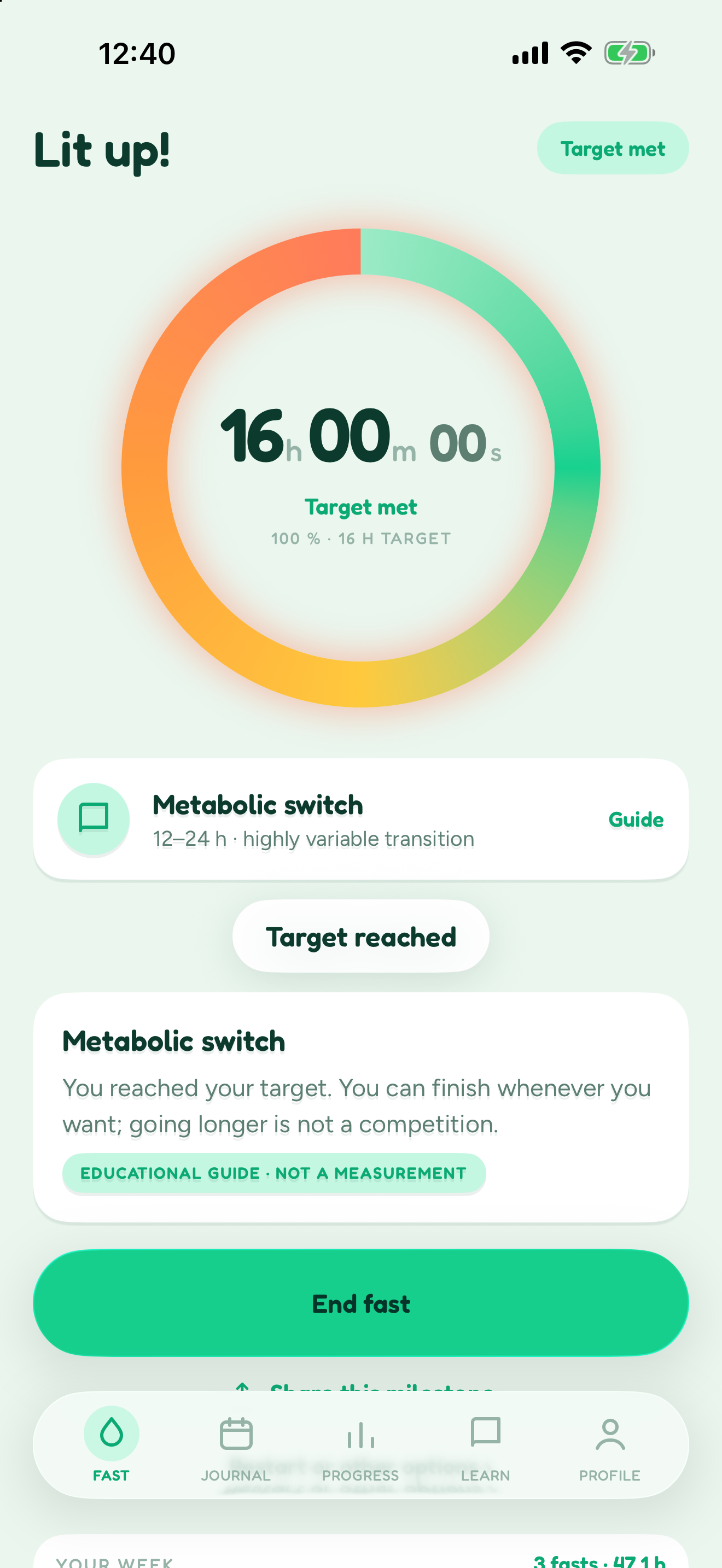 Blimbi celebration screen, Lit up: 16 h 0 min, target met at 100 percent of a 16 h target