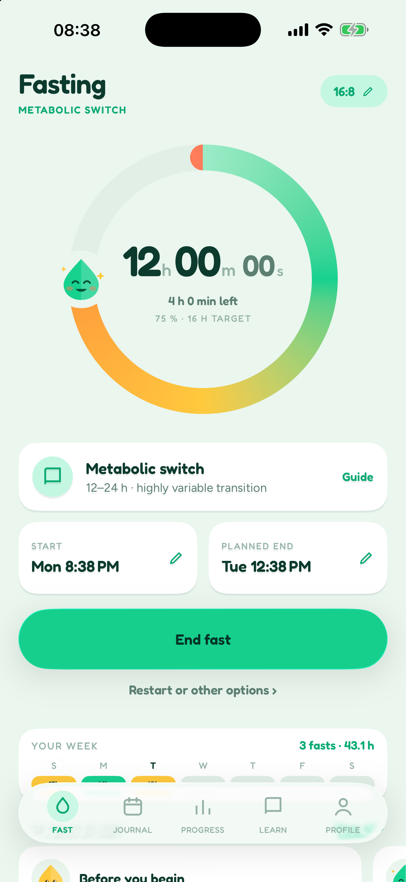 Blimbi iOS timer while fasting: 12 h 0 min elapsed of a 16 h target, 4 h left, Metabolic switch stage guide, start Mon 8:38 PM and planned end Tue 12:38 PM, End fast button